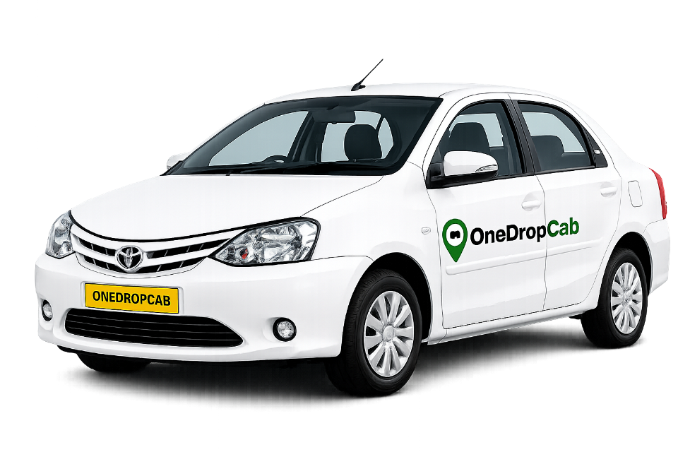 One Drop Cab white sedan for one way drop taxi service in Tamil Nadu